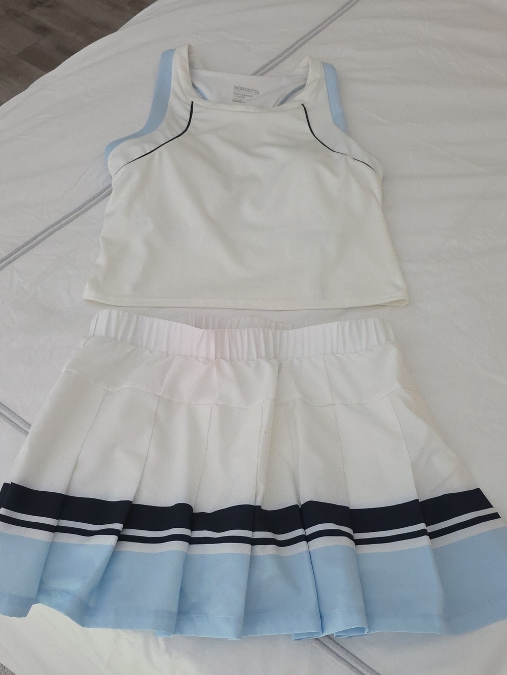 Mondetta White Tennis Skirt Set with Light Blue & Navy Accents